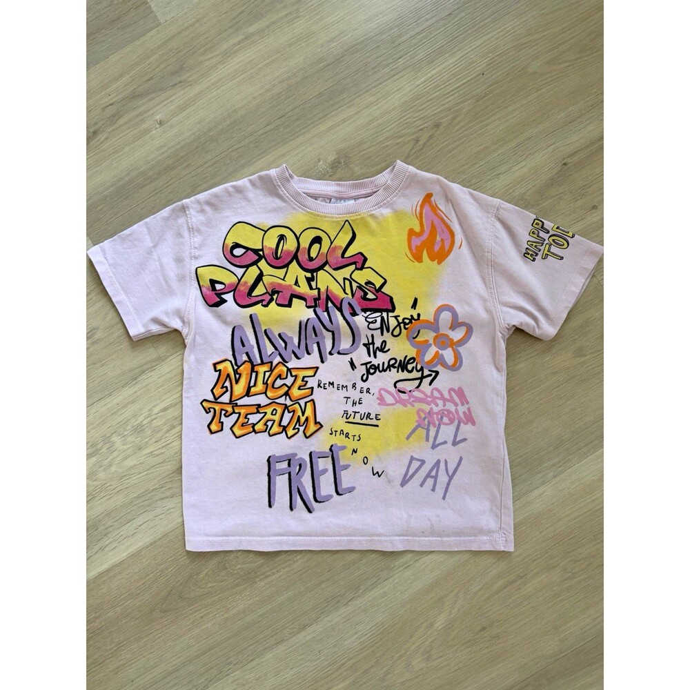 ZARA Girls T-Shirt 8-9Y Pink Graphic Flower Graffiti Crew Neck Short Sleeve